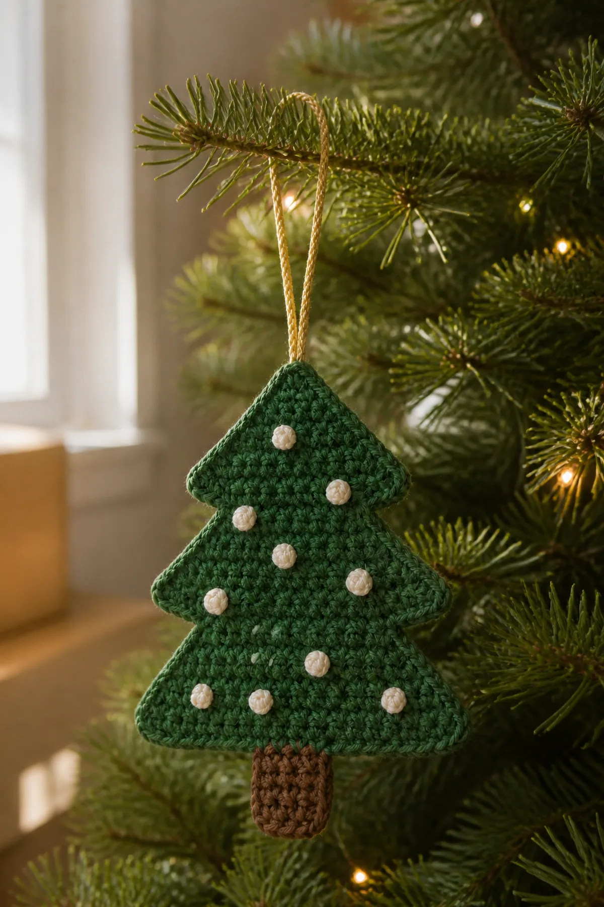 Finished crochet christmas tree ornament displayed in a cozy home setting