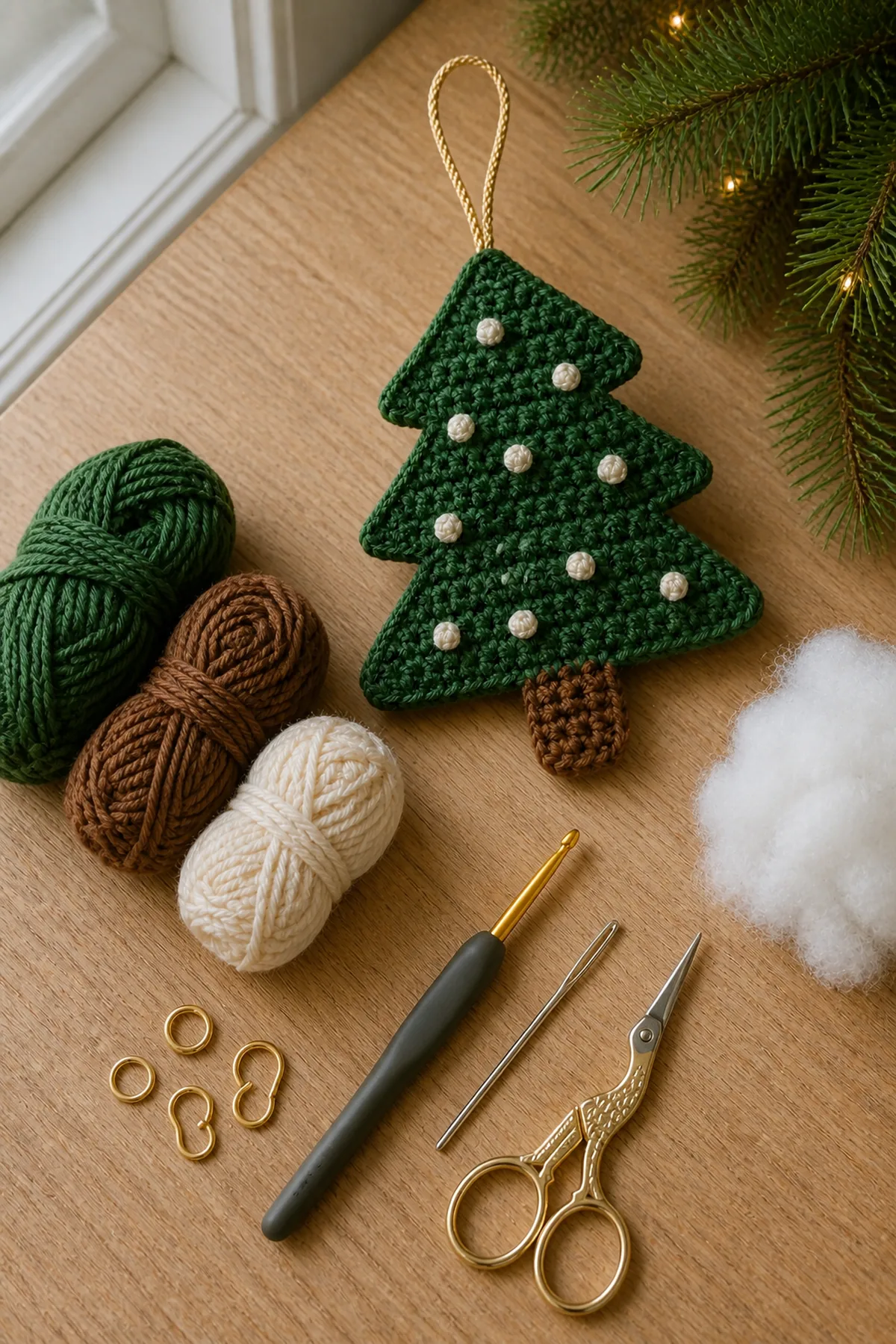 Materials in forest-green, warm-brown, cream, and gold with crochet hook, needle, markers, scissors, and tape