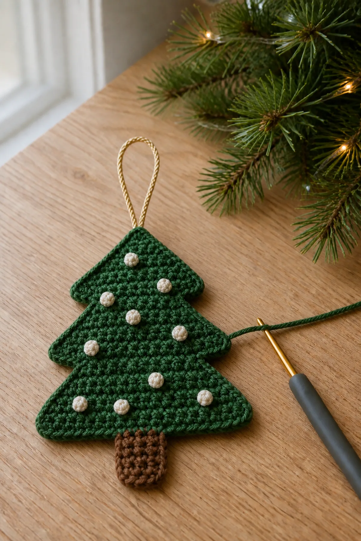Early construction stage of the crochet christmas tree ornament