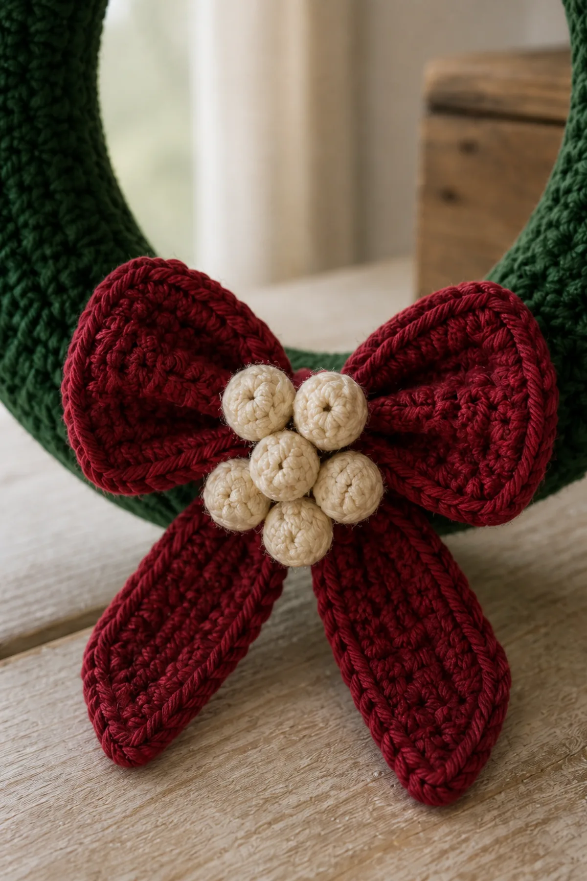 Close-up of crochet stitches and finishing details in forest green, cranberry, and cream