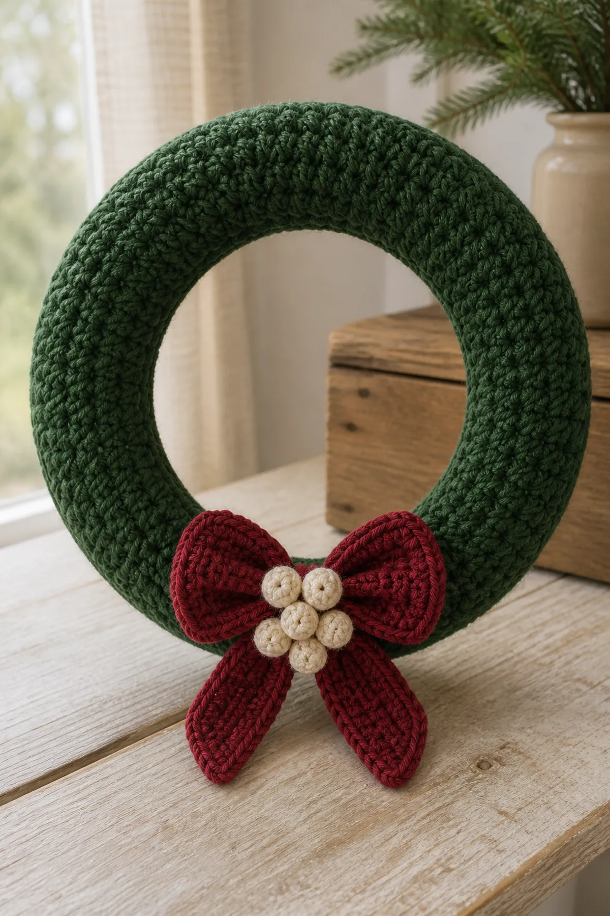 Finished eight-inch foam form covered by green crochet with a cranberry bow and six cream berries in a warm natural setting