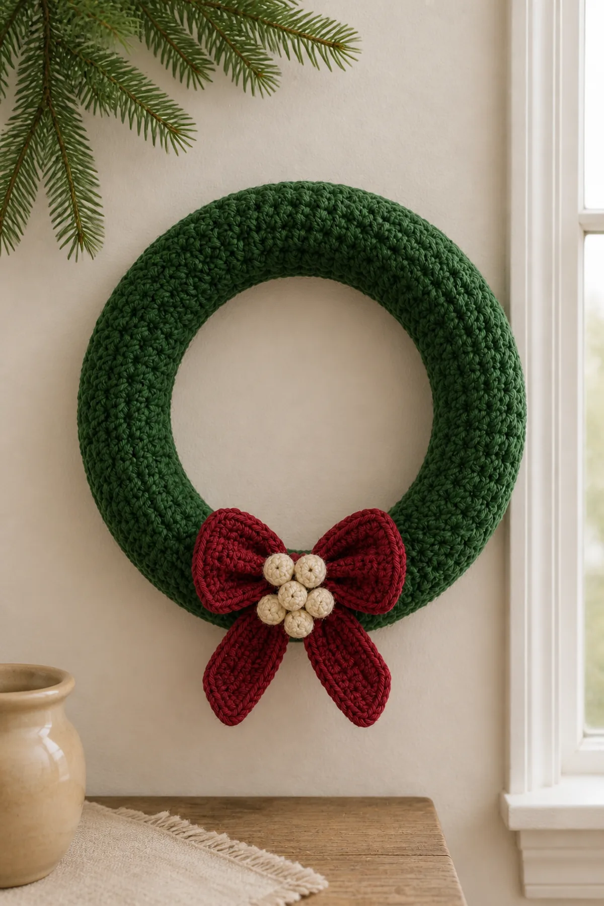 Finished crochet christmas wreath displayed in a cozy home setting