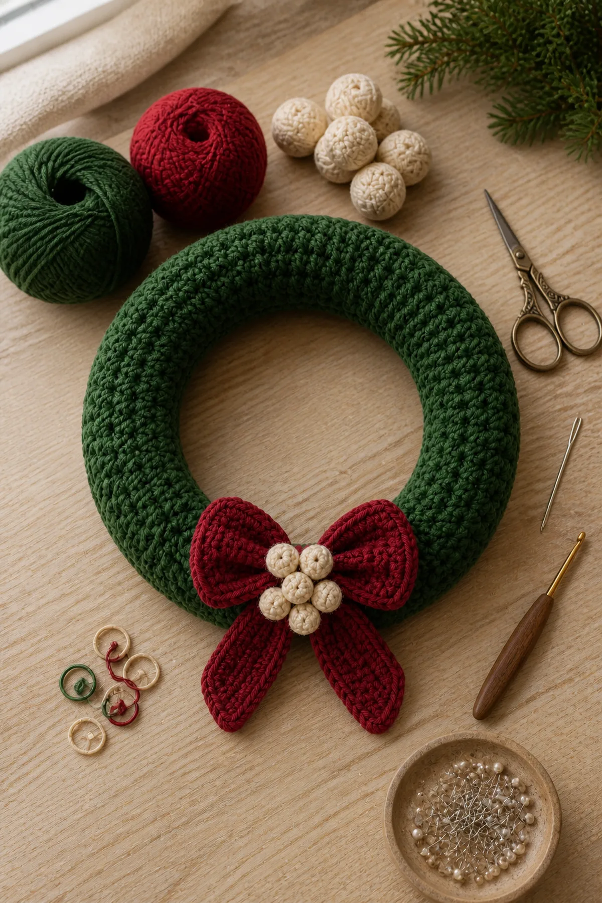 Materials in forest green, cranberry, and cream with crochet hook, needle, markers, scissors, and tape