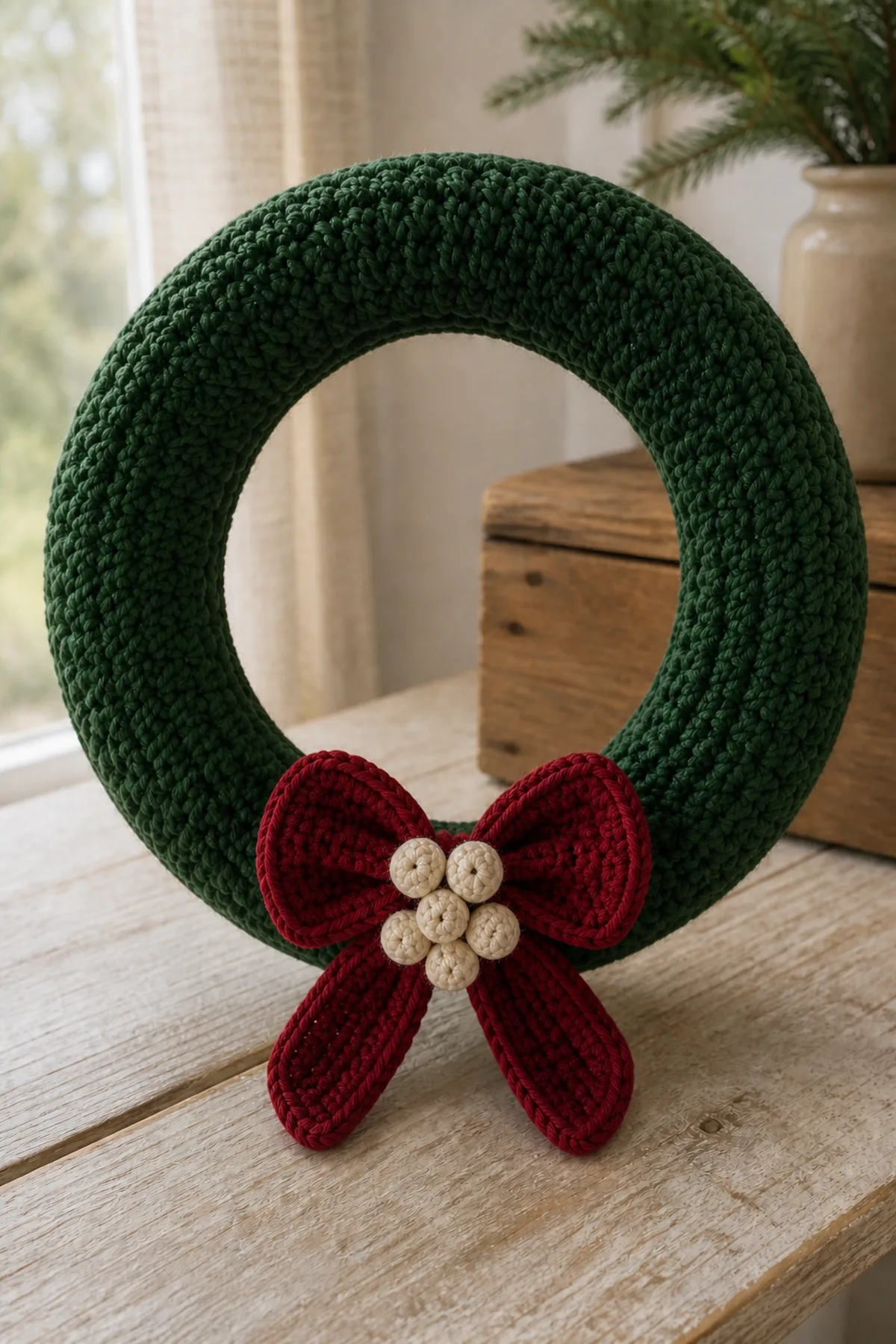 Early construction stage of the crochet christmas wreath