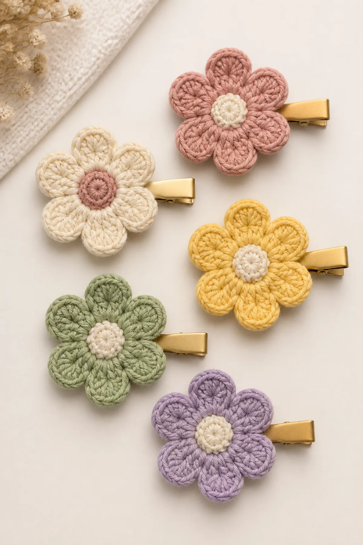 Five pastel six-petal crochet flower hair clips with gold metal clips