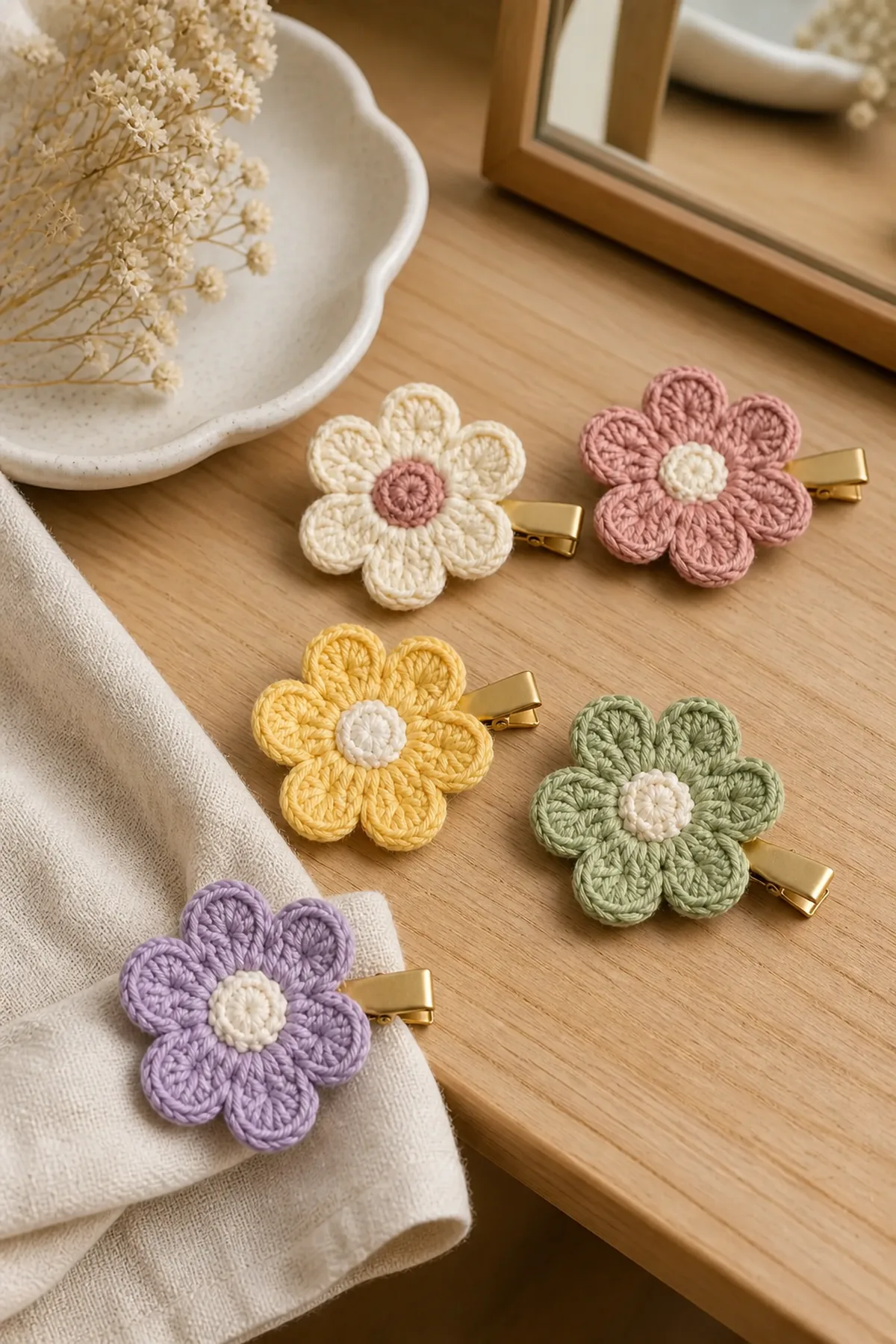 Pastel crochet flower hair clips arranged on a light wood vanity