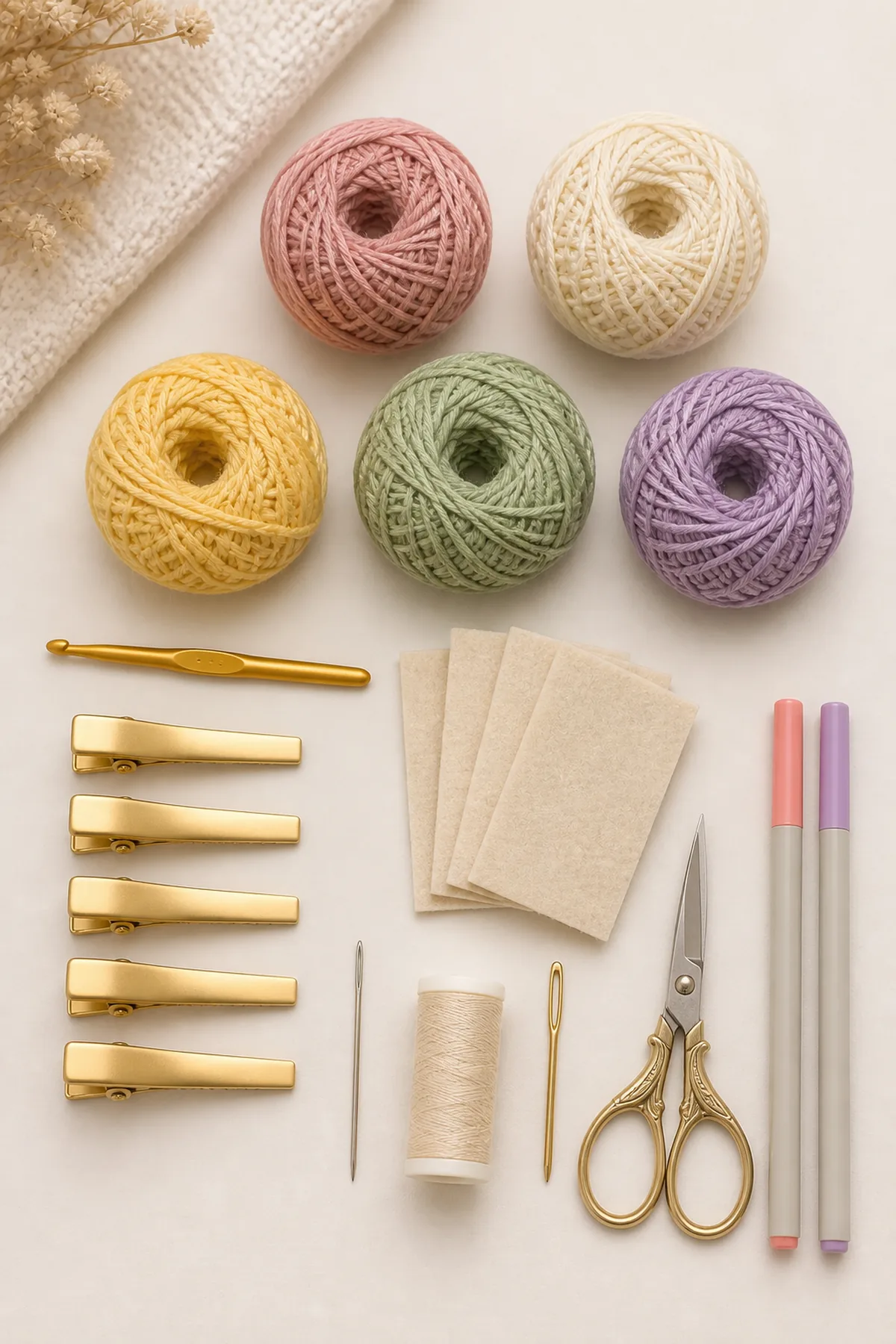 Cotton yarn, hook, gold clips, felt, needles, thread, and scissors for flower hair clips