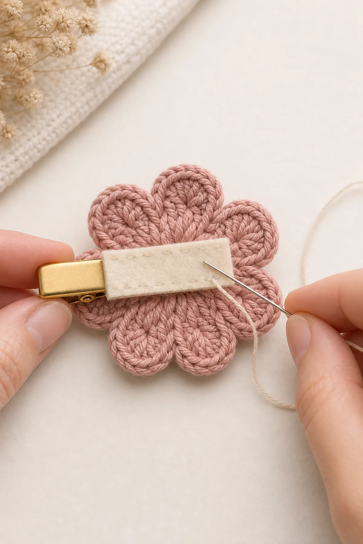Felt backing being hand-sewn over the metal bar on a crochet flower clip