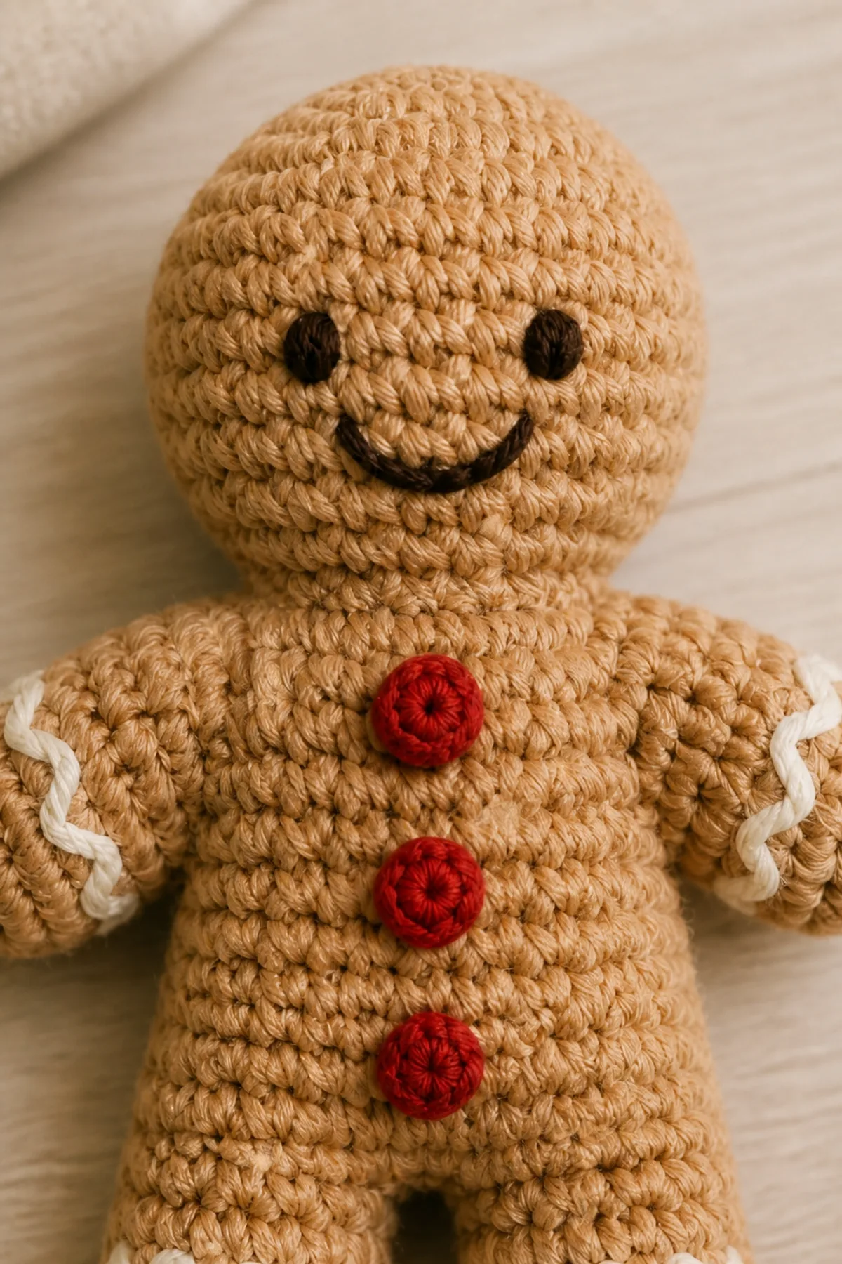Close-up of crochet stitches and finishing details in cookie tan, cream, cranberry red, and dark brown