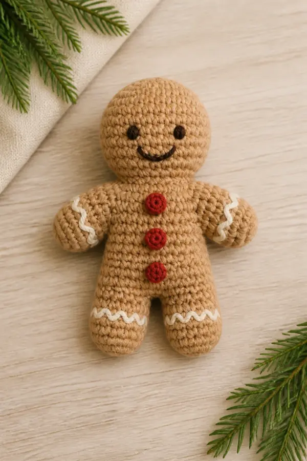 Finished tan gingerbread figure with cream yarn icing, red yarn buttons, and embroidered dark-brown face in a warm natural setting