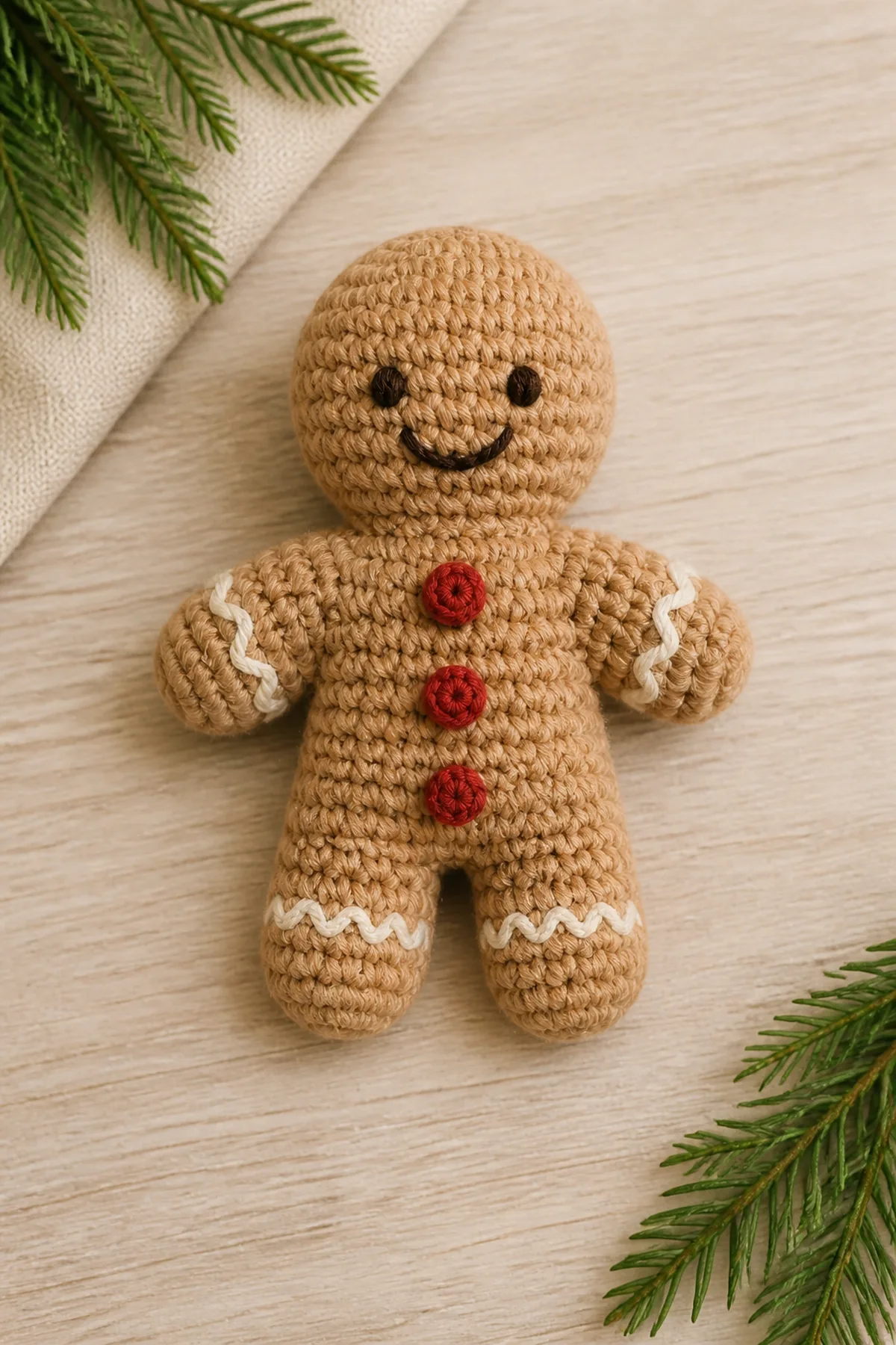 Finished tan gingerbread figure with cream yarn icing, red yarn buttons, and embroidered dark-brown face in a warm natural setting
