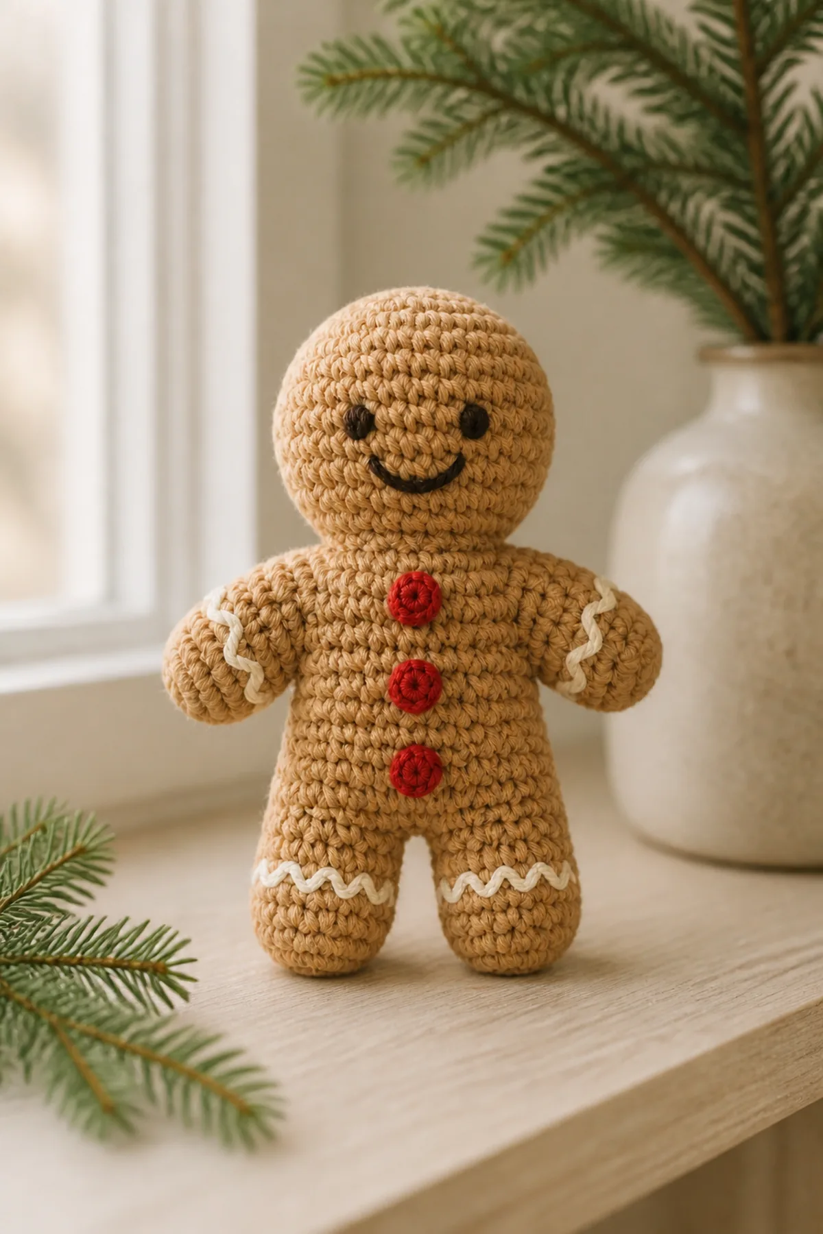 Finished crochet gingerbread man displayed in a cozy home setting