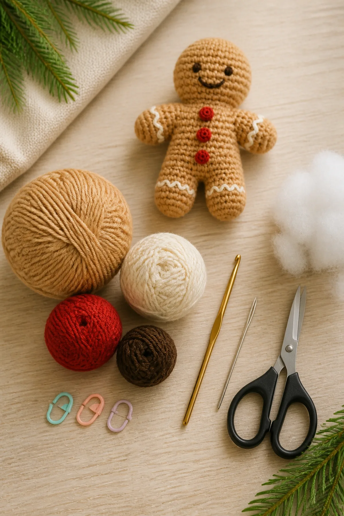 Materials in cookie tan, cream, cranberry red, and dark brown with crochet hook, needle, markers, scissors, and tape