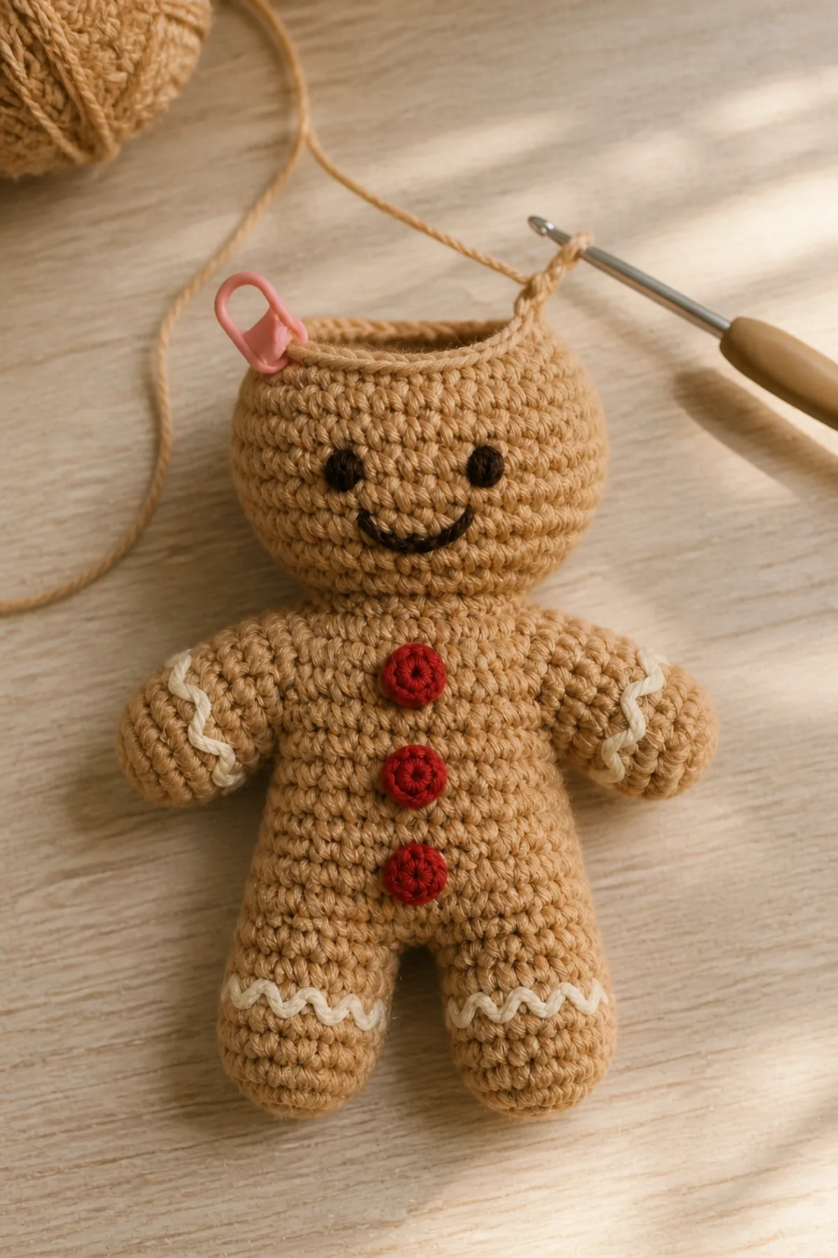 Early construction stage of the crochet gingerbread man