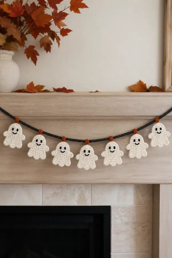 Seven ivory crochet ghosts on a charcoal Halloween garland with orange spacers