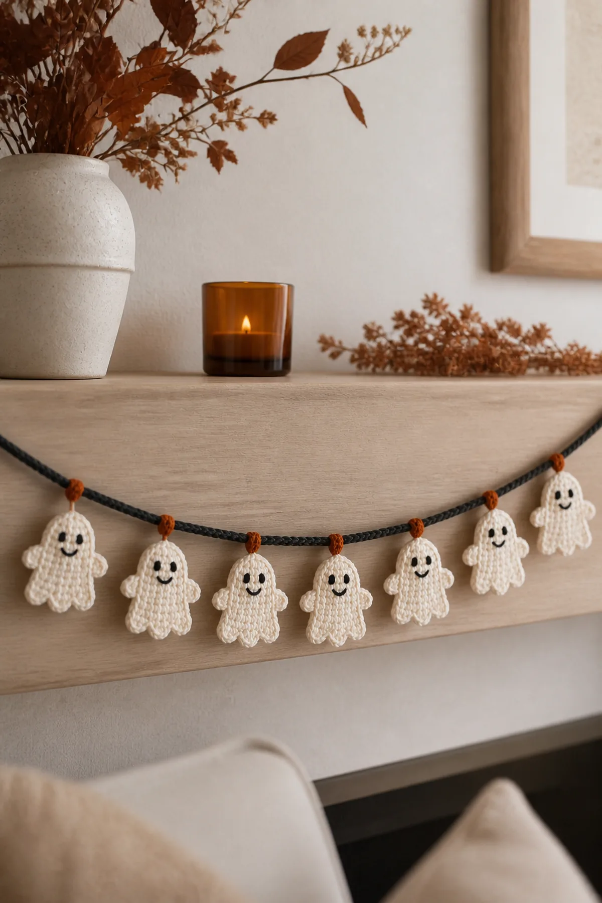 Finished crochet ghost garland displayed across a pale wood shelf