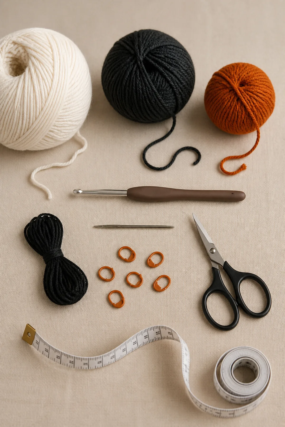 Ivory, charcoal, orange, and black yarn with hook, needle, markers, scissors, and tape