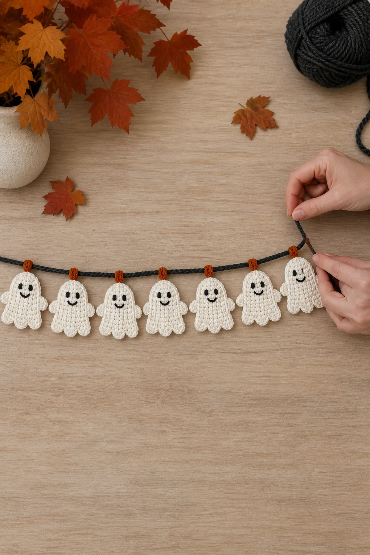 Seven finished ghost motifs being attached at measured intervals to a charcoal chain