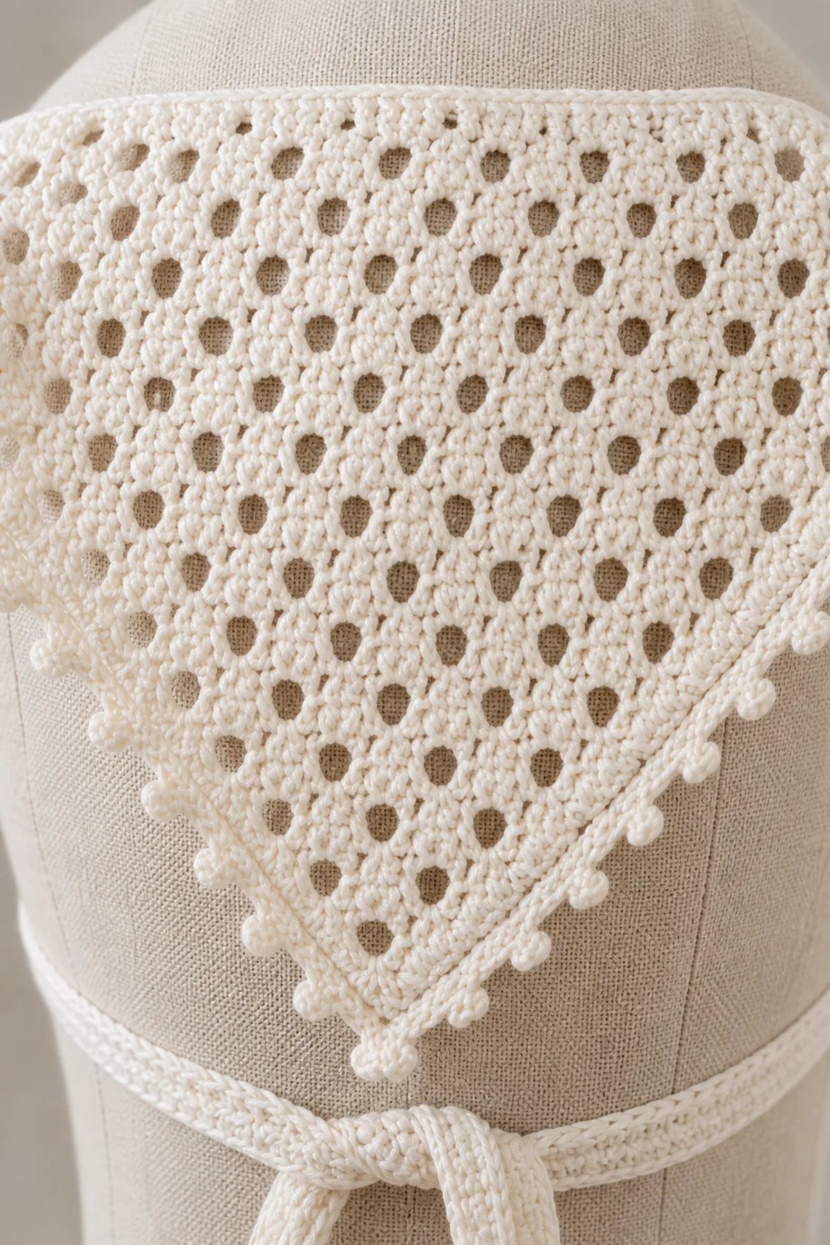Close-up of diamond mesh, picot edge, solid top band, and tie transition
