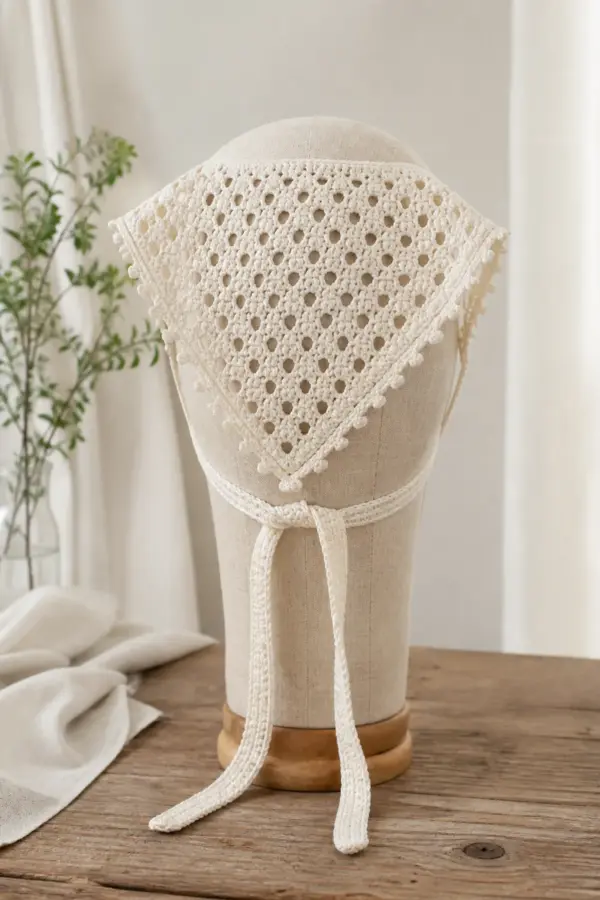 Ivory triangular crochet lace bandana with open diamonds and long ties on a head form