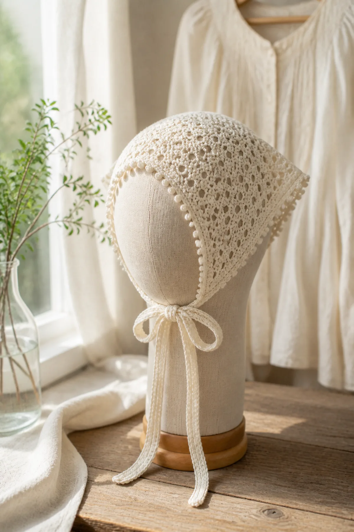 Finished ivory lace bandana tied on a neutral linen head form