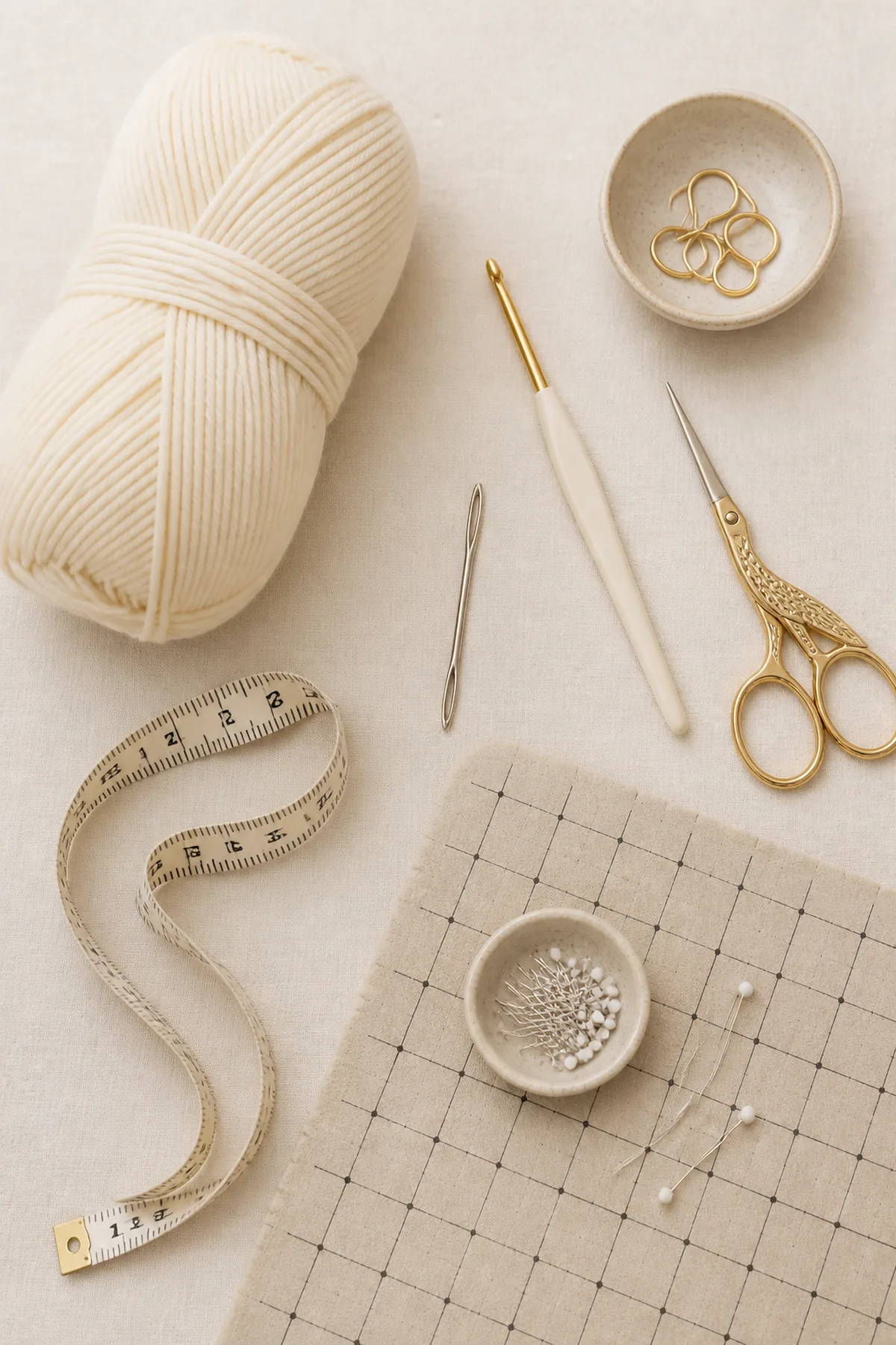 Ivory cotton yarn, hook, markers, needle, scissors, tape, pins, and blocking mat