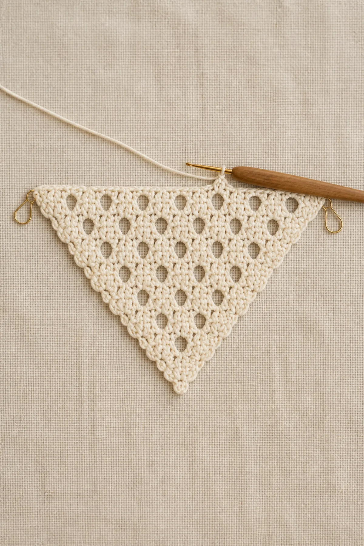Small ivory triangular lace swatch with symmetric edge increases and centered point