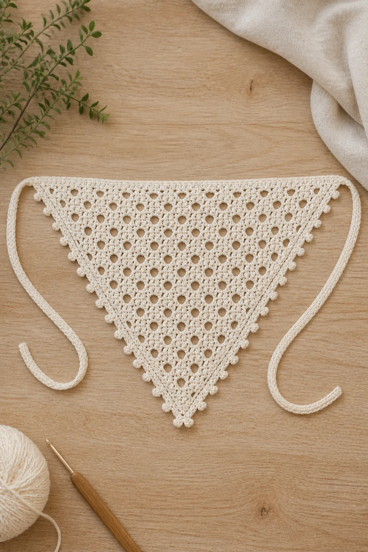 Larger lace bandana being measured while top edging and ties are formed