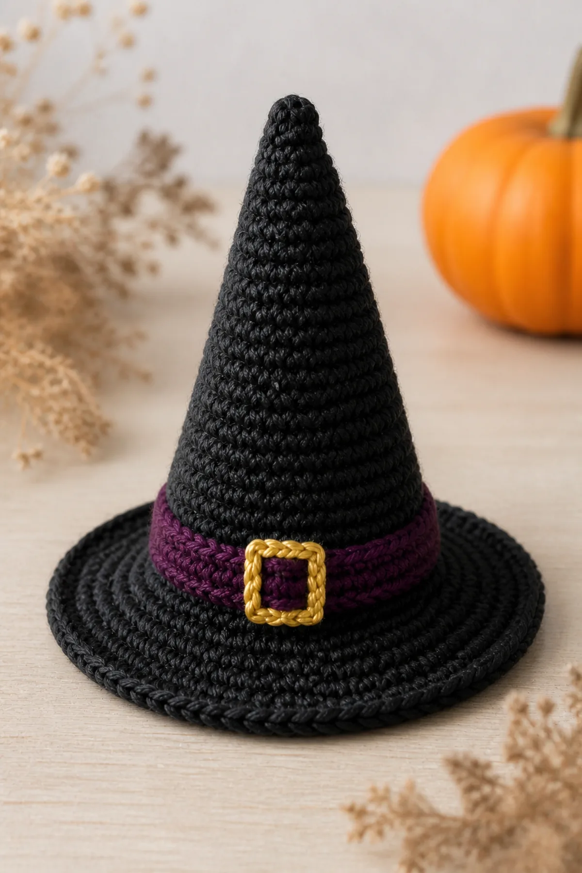 Close-up of charcoal brim, plum crochet band, and embroidered yarn buckle