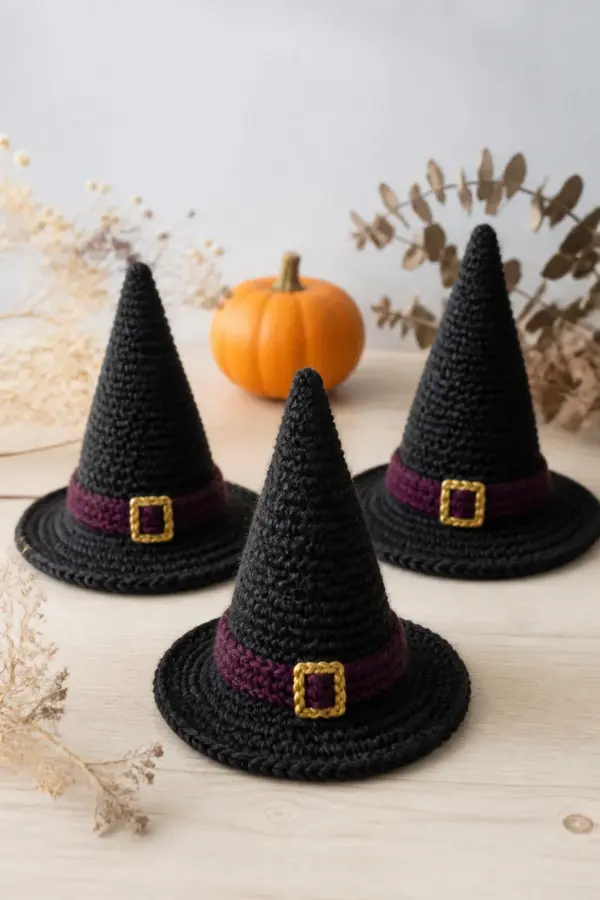 Three mini charcoal crochet witch hats with plum bands and yarn buckles