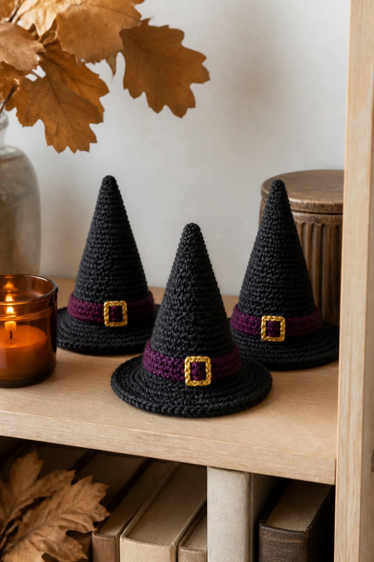 Mini crochet witch hats displayed on a shelf with restrained fall decor