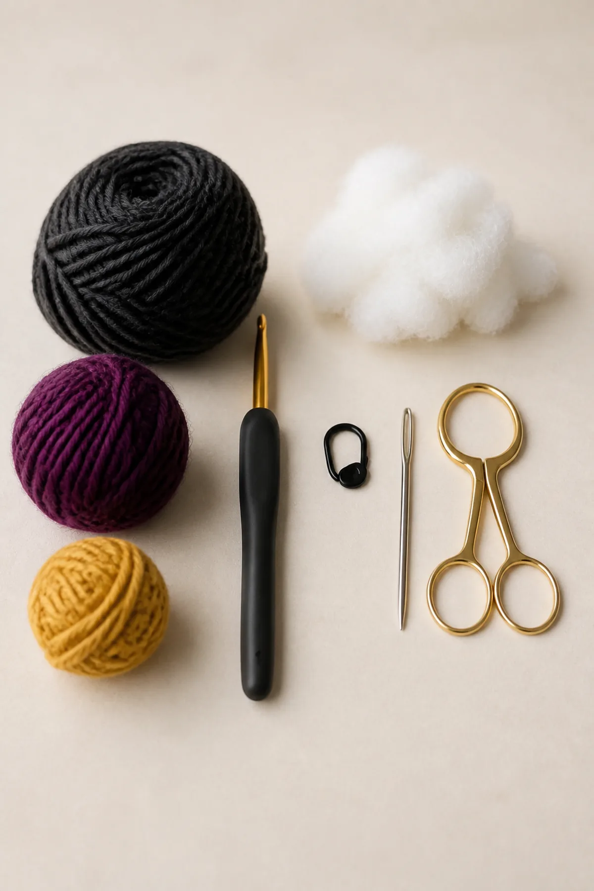 Charcoal, plum, and gold yarn with hook, stuffing, markers, needle, and scissors