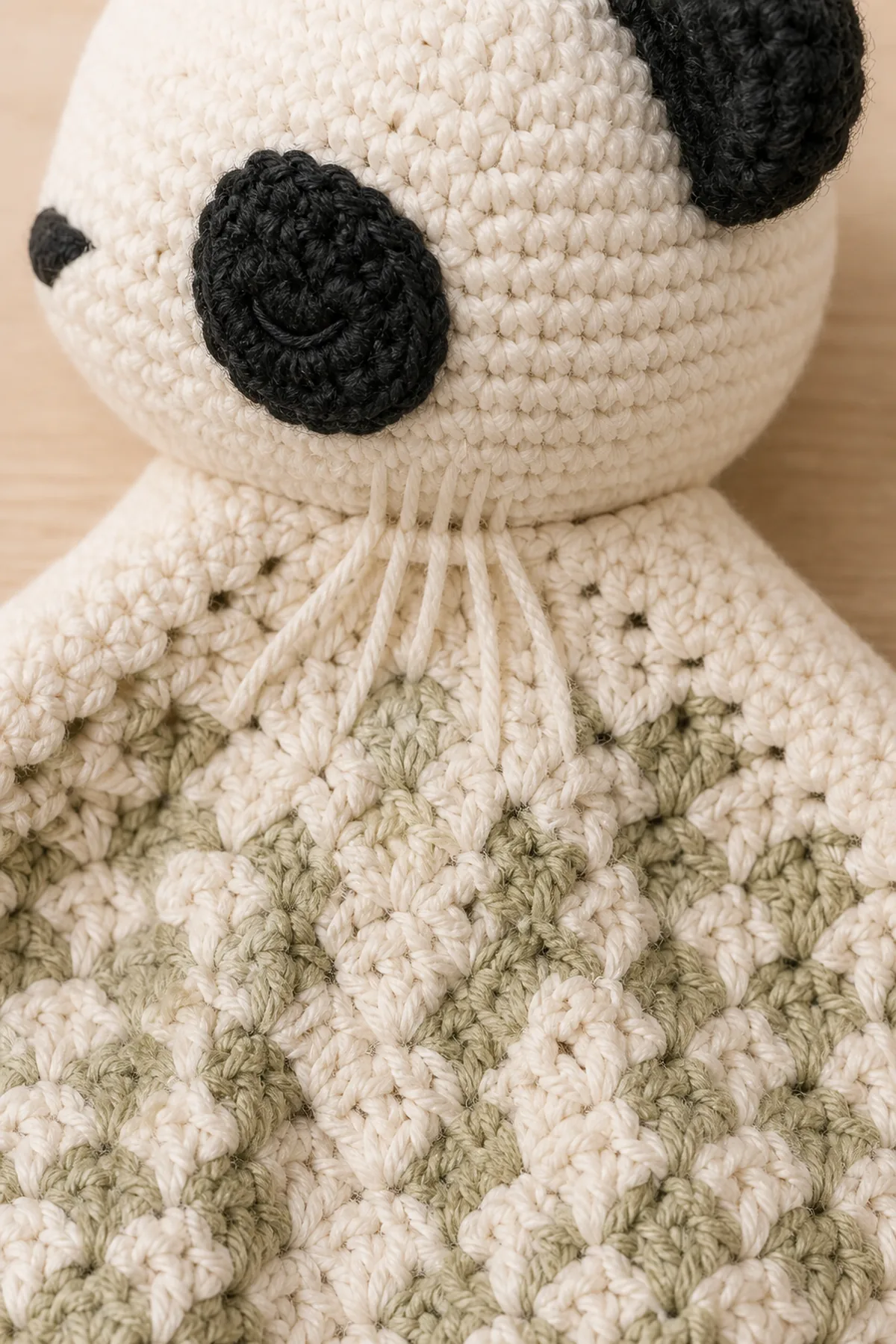 Secure yarn attachment joining the panda head to the blanket center