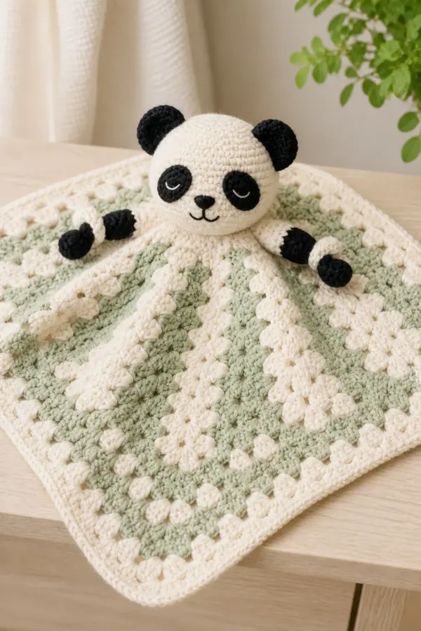 Cream and sage square crochet panda lovey with integrated head