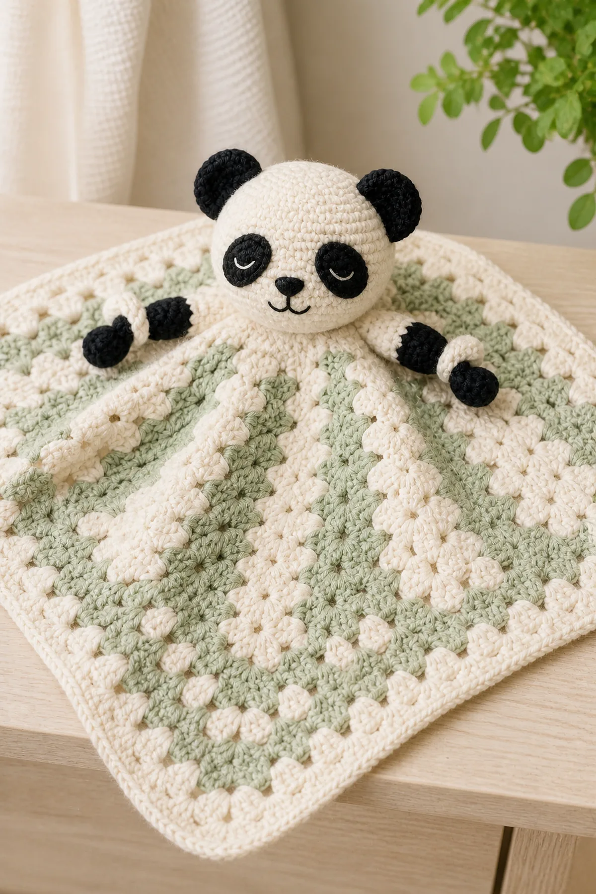 Cream and sage square crochet panda lovey with integrated head
