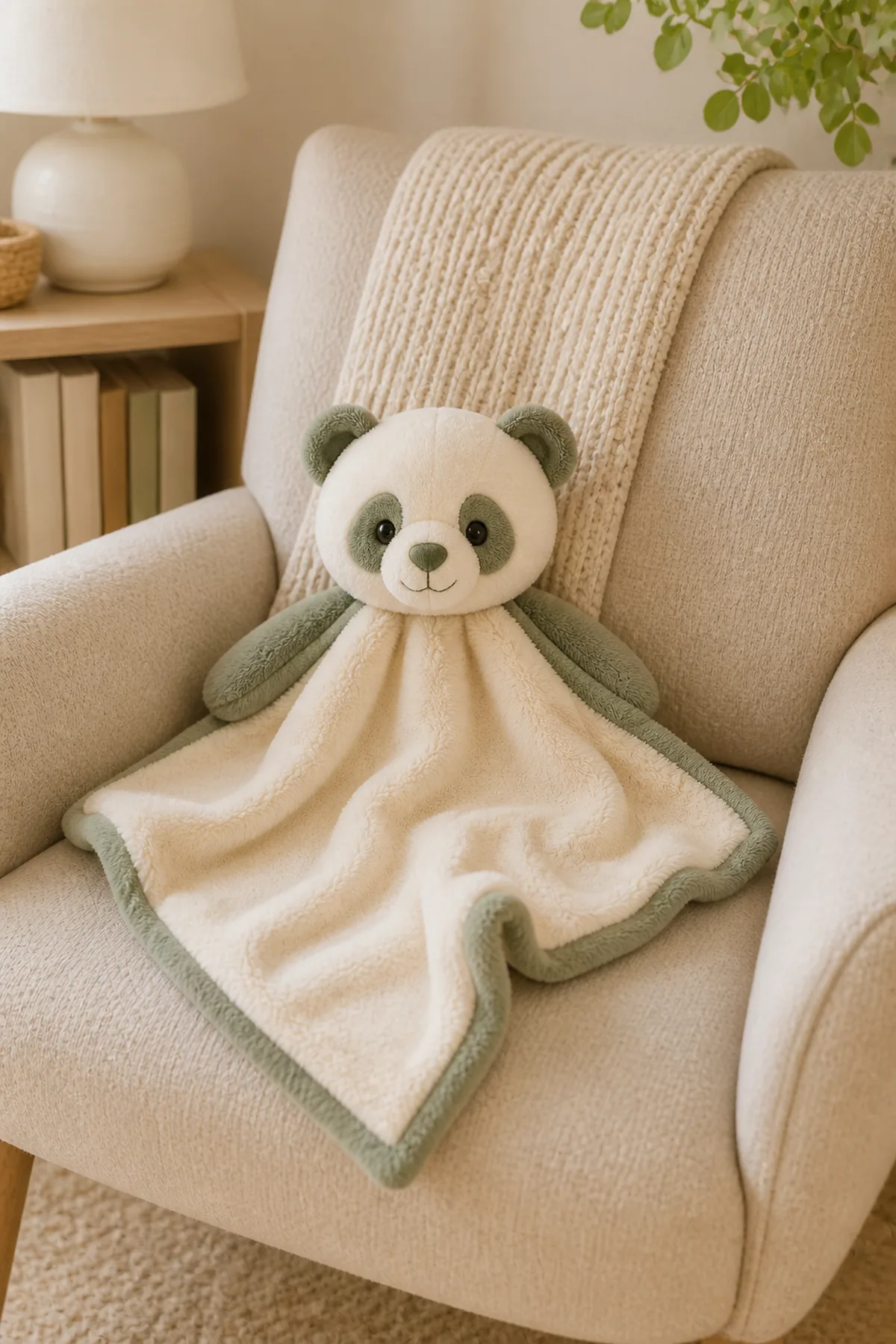 Finished panda lovey folded on a neutral nursery chair