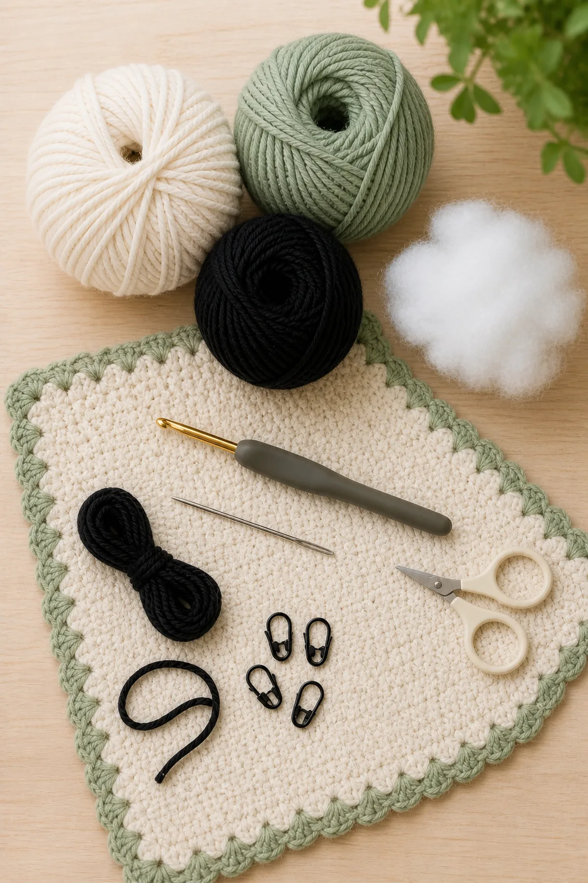 DK cotton yarn, hook, stuffing, and embroidery supplies for the lovey