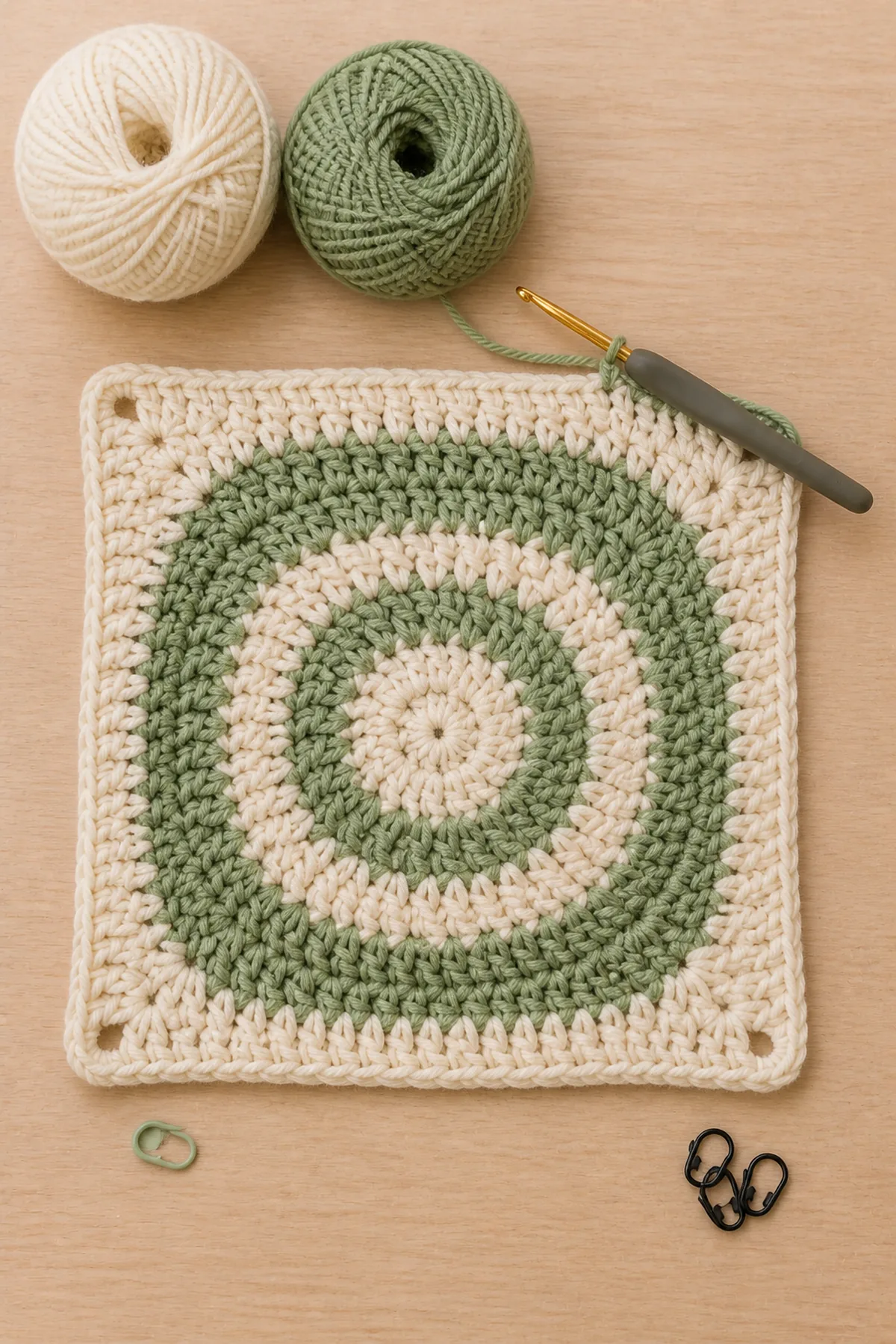 Early cream and sage center-out square lovey blanket