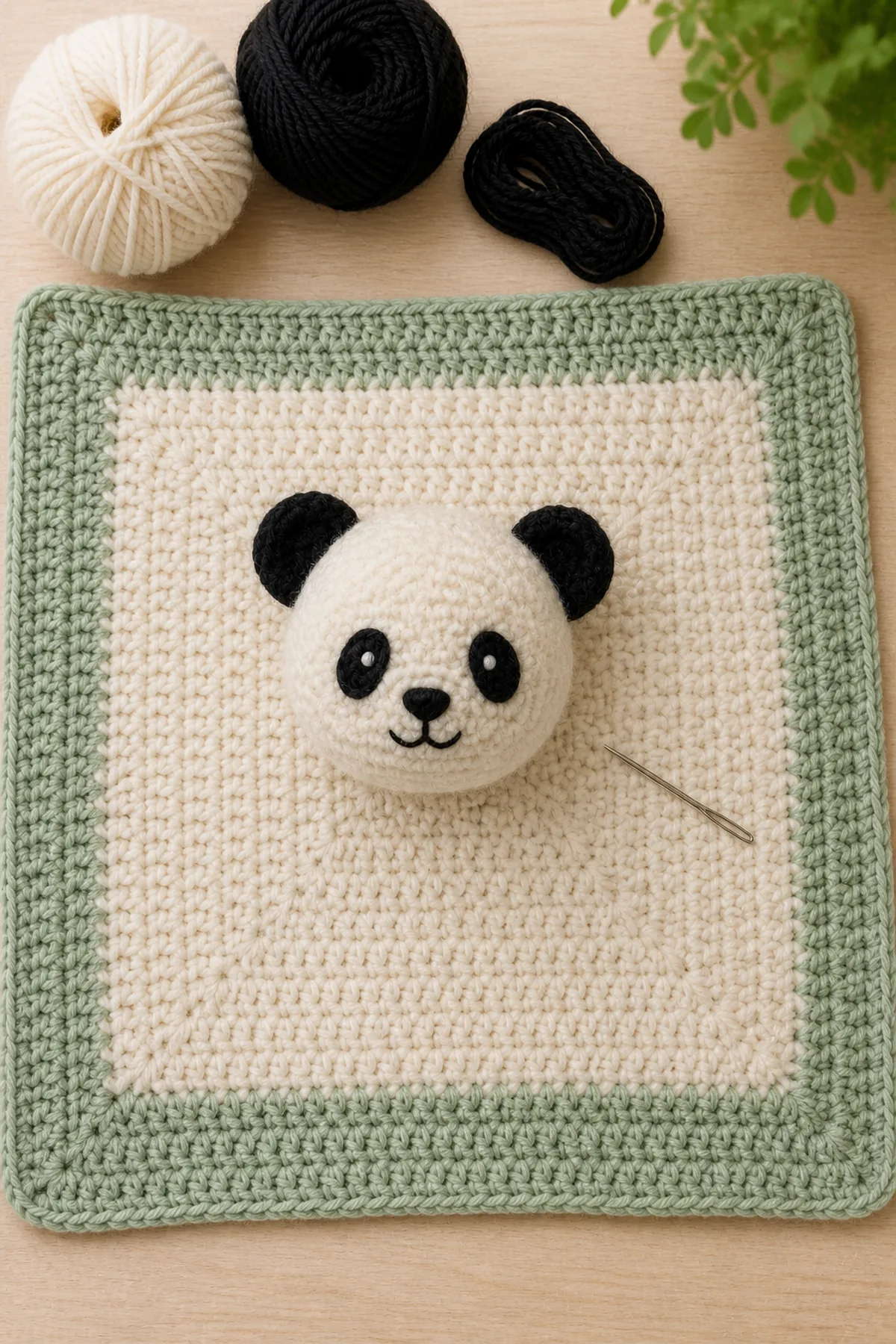 Completed lovey square with panda head positioned at center