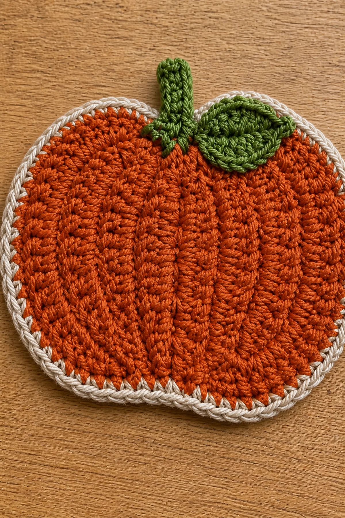 Close-up of pumpkin coaster ribs, cream edging, green stem, and leaf