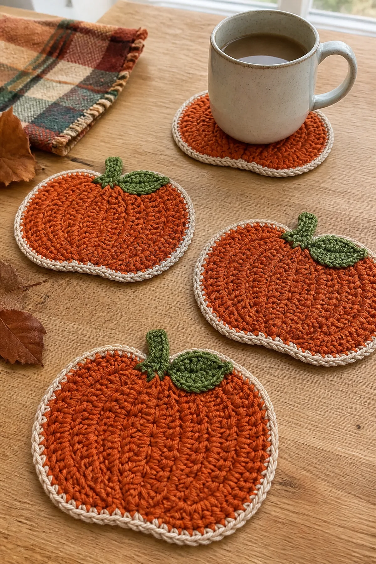 Four burnt-orange pumpkin crochet coasters with cream edges and green stems