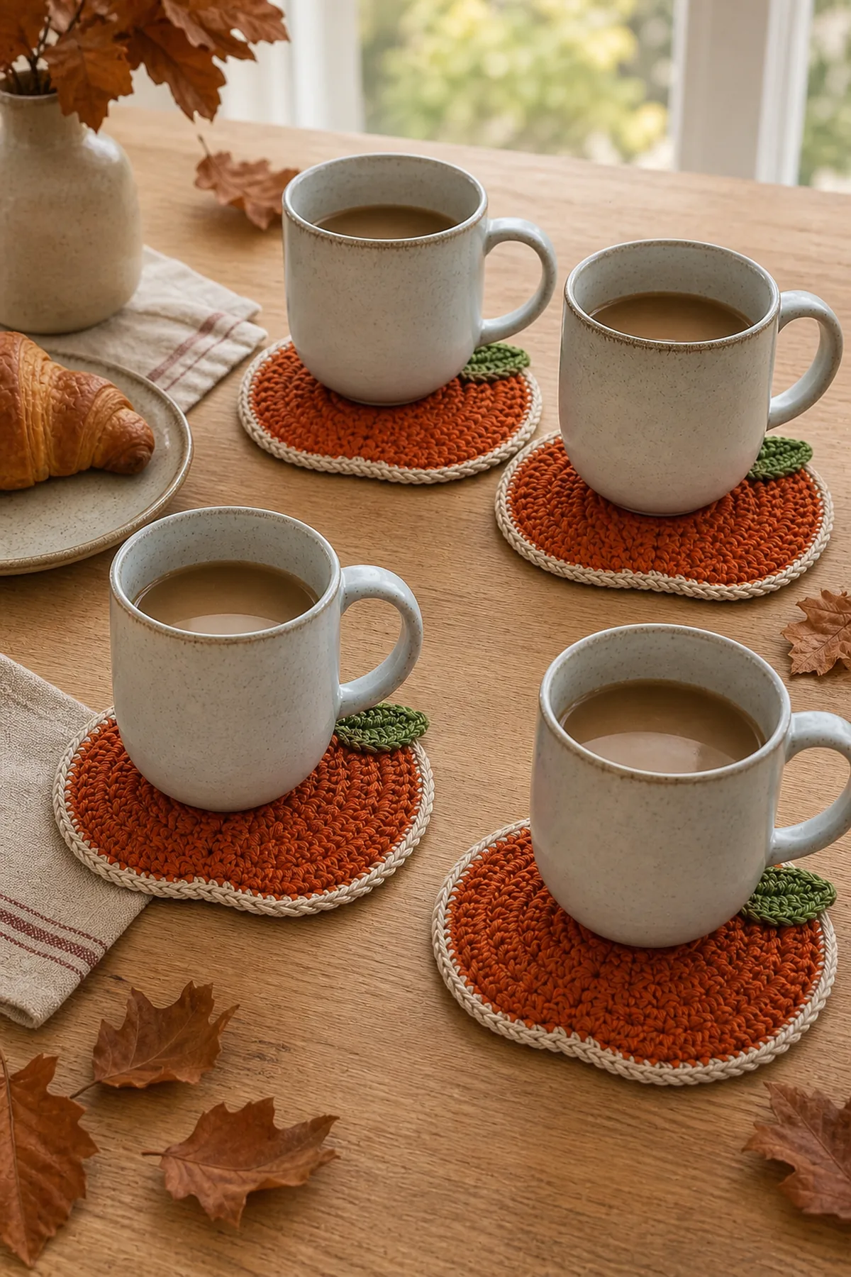Pumpkin crochet coasters styled beneath mugs on a warm fall table