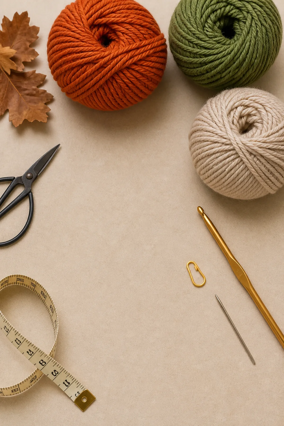 Orange, cream, and green cotton yarn with hook, marker, needle, and scissors