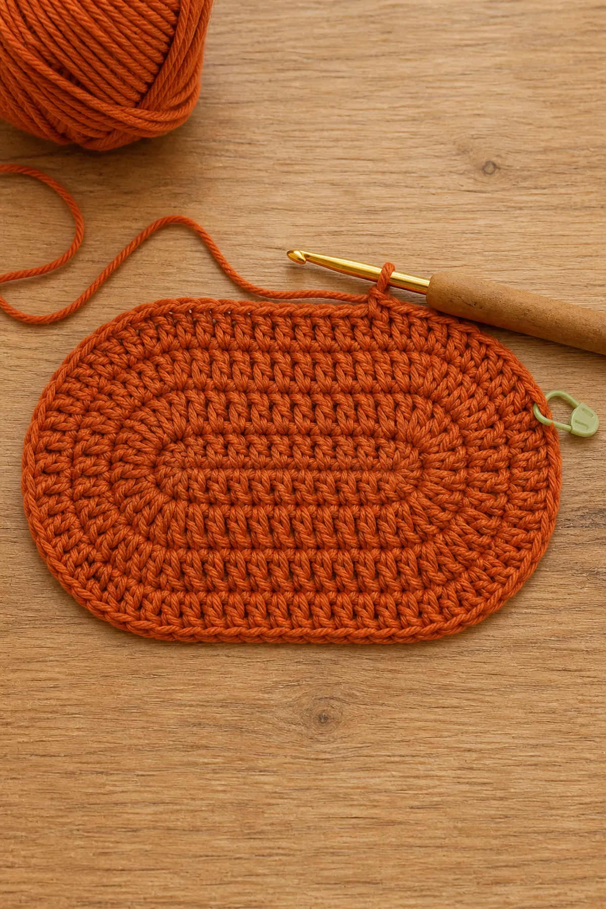 Early oval pumpkin coaster showing balanced increases around a foundation chain