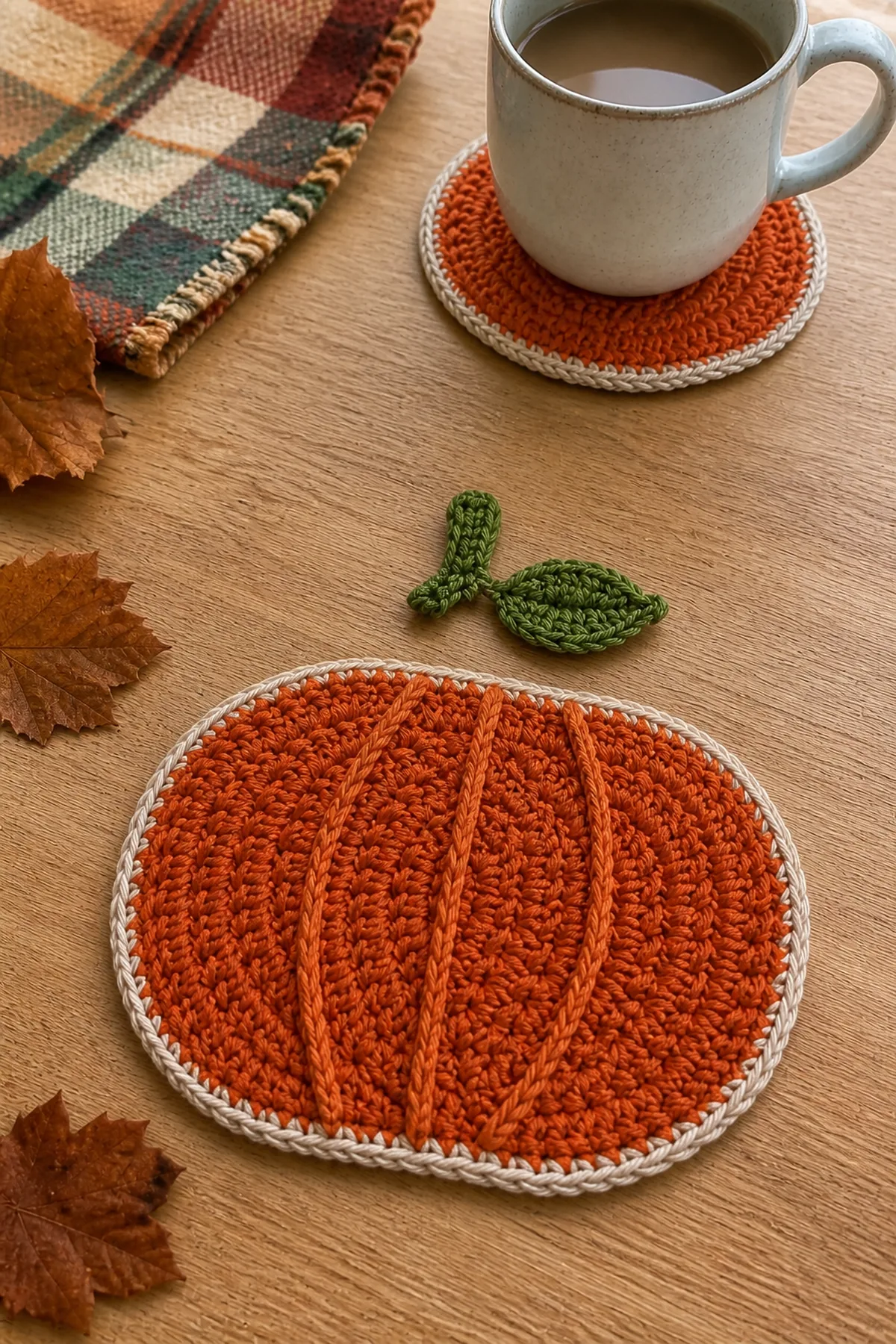 Orange coaster receiving loose surface crochet rib lines beside a green stem and leaf