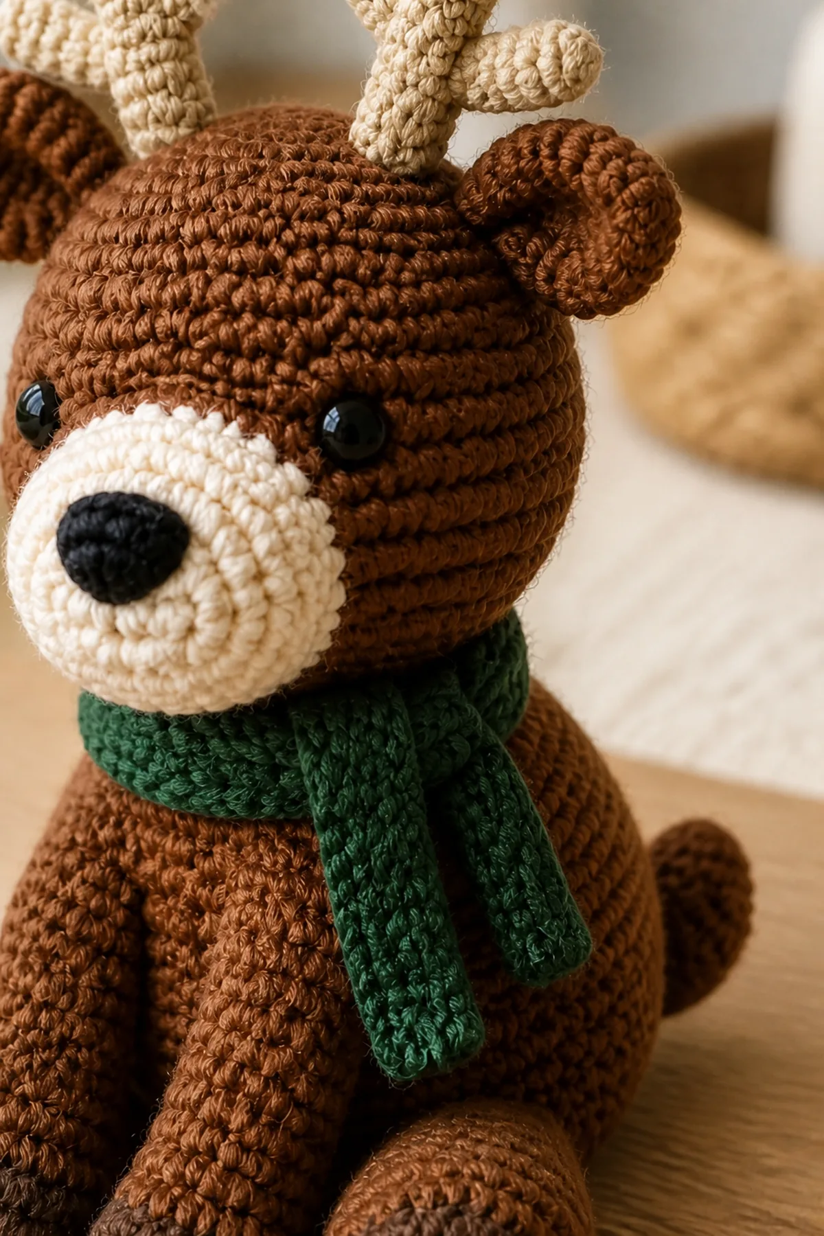 Close-up of crochet stitches and finishing details in warm brown, cream, beige, deep green, and black