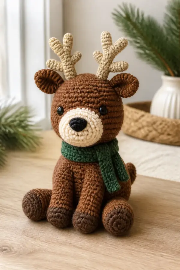 Finished seated warm-brown reindeer with cream muzzle, black embroidered nose, beige antlers, short legs, tail, and green scarf in a warm natural setting