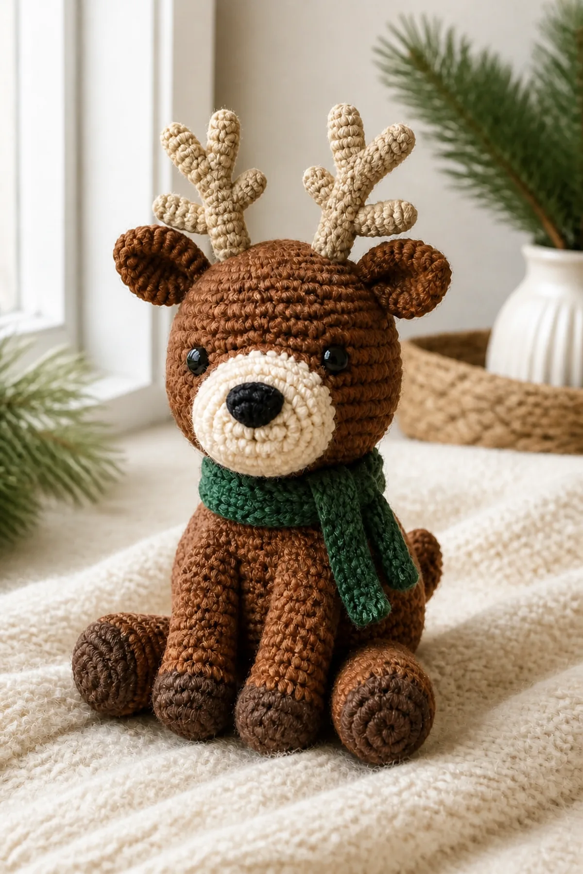 Finished crochet reindeer amigurumi displayed in a cozy home setting
