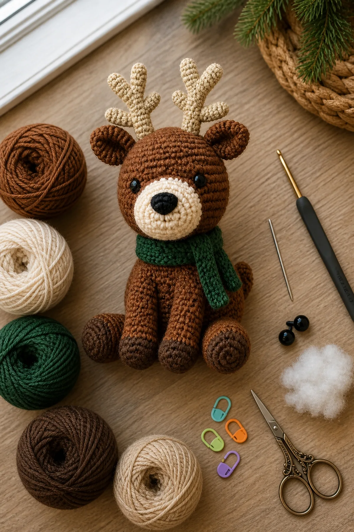 Materials in warm brown, cream, beige, deep green, and black with crochet hook, needle, markers, scissors, and tape
