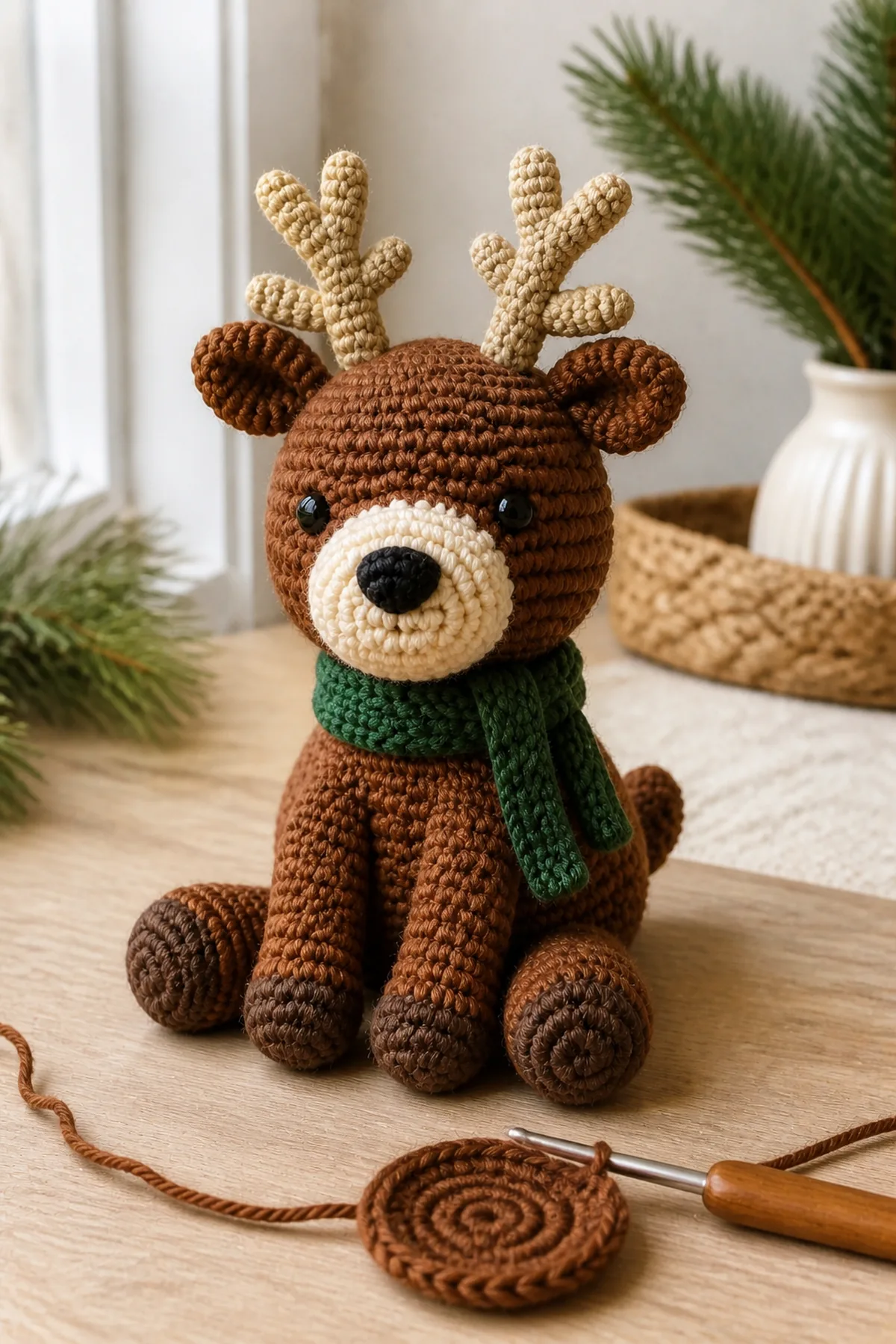 Early construction stage of the crochet reindeer amigurumi
